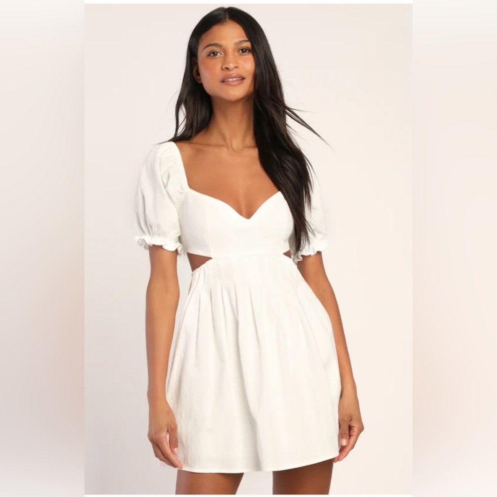 Lulu's Love the Feeling White Puff Sleeve Lace-Up Cutout Mini Dress